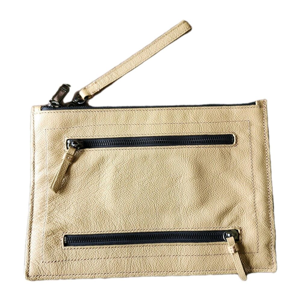 Botkier Chelsea Leather Clutch Detachable Wristlet Taupe Tan  Large Pancake Flat